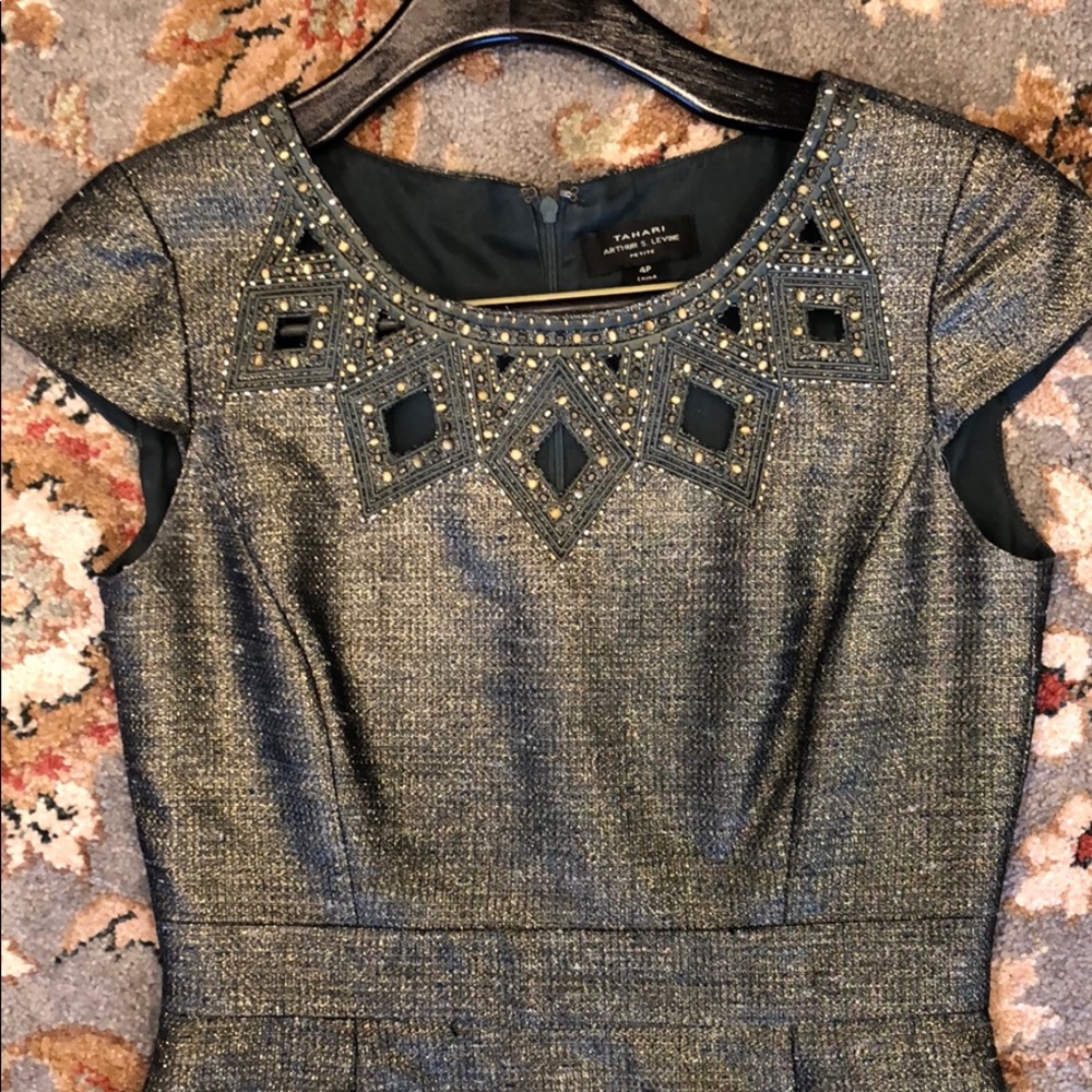 Tahari Green/Gold dresswith embellished neck.